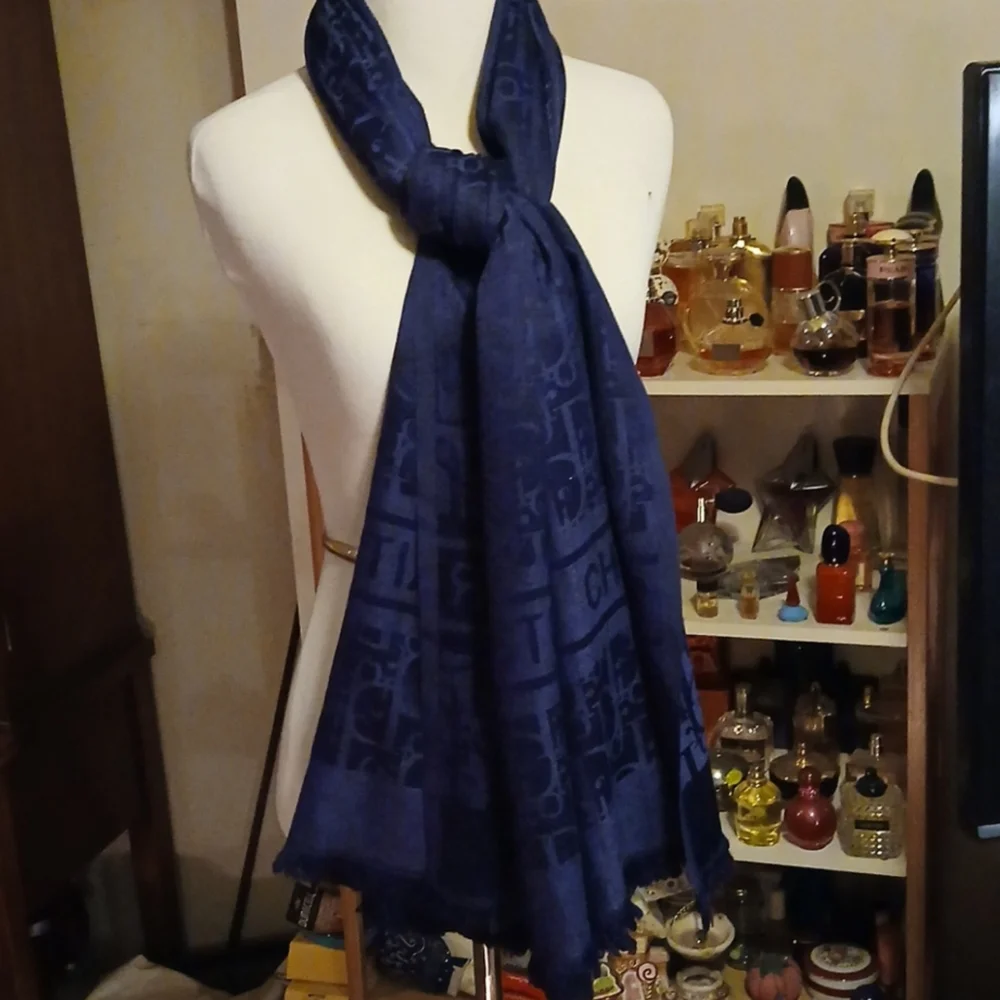 Christian Dior Jacquard Woven Oblique Monogram Scarf Navy Blue Tone-on-tone Wool